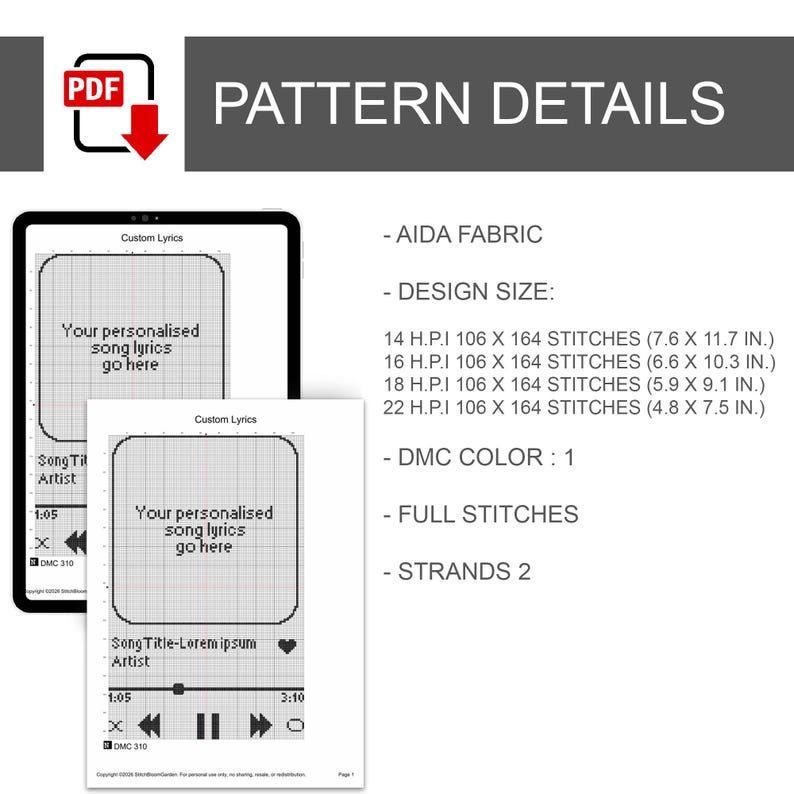 Pode incluir: Um documento de padr&atilde;o de ponto cruz digital intitulado Pattern Details, apresentando uma interface de reprodutor de m&uacute;sica com espa&ccedil;os para letras, t&iacute;tulo e artista. Lista especifica&ccedil;&otilde;es para tecido Aida, tamanhos em cm, 1 cor DMC, pontos cheios e 2 fios.