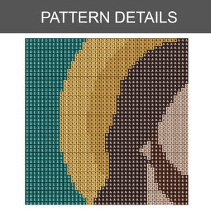 K&ouml;nnte beinhalten: Ein pixeliges Muster mit dem Text "PATTERN DETAILS" oben. Das Muster besteht aus verschiedenfarbigen Quadraten, darunter Teal, Gelb, Braun und Schwarz, die ein abstraktes Design bilden. Das Bild ist eine Nahaufnahme eines Musters.