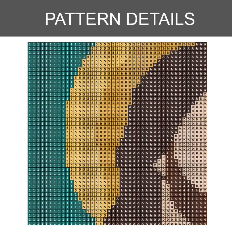 K&ouml;nnte beinhalten: Ein pixeliges Muster mit dem Text "PATTERN DETAILS" oben. Das Muster besteht aus verschiedenfarbigen Quadraten, darunter Teal, Gelb, Braun und Schwarz, die ein abstraktes Design bilden. Das Bild ist eine Nahaufnahme eines Musters.