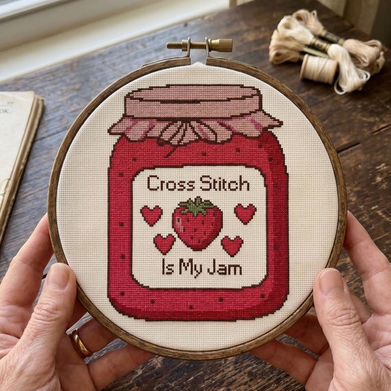 Cross Stitch Is My Jam Cross Stitch Pattern, Strawberry Jar Needlepoint, Kitchen Decor Embroidery, Instant Download