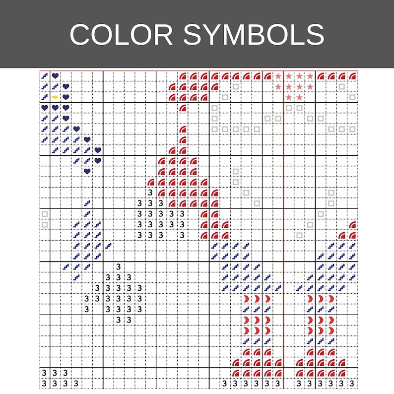 Op de afbeelding: Een kruissteekpatroon met de titel COLOR SYMBOLS, bestaande uit een raster met diverse symbolen zoals hartjes, sterren en het cijfer 3. Het ontwerp gebruikt rode, donkerblauwe en zwarte inkt op een witte achtergrond, verdeeld door zwarte lijnen.
