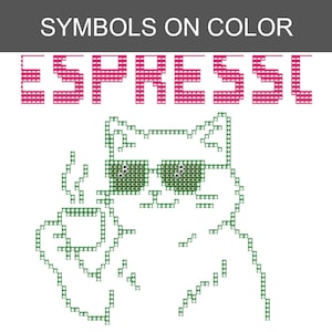 Puede incluir: Un patr&oacute;n de punto de cruz con el texto SYMBOLS ON COLOR y ESPRESSO en rosa, junto a un gato pixelado verde con gafas de sol que sostiene una taza humeante. El dise&ntilde;o utiliza una est&eacute;tica basada en cuadr&iacute;cula para formar el gato y el texto.