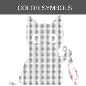 K&ouml;nnte beinhalten: Ein digitales Musterdiagramm mit dem Titel COLOR SYMBOLS, das die pixelige Silhouette einer Katze zeigt. Die Katze besteht aus schwarzen Symbolen auf wei&szlig;em Grund und h&auml;lt einen kleinen Gegenstand in einer Pfote, der mit roten Symbolen markiert ist.