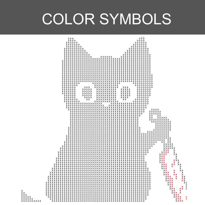 K&ouml;nnte beinhalten: Ein digitales Musterdiagramm mit dem Titel COLOR SYMBOLS, das die pixelige Silhouette einer Katze zeigt. Die Katze besteht aus schwarzen Symbolen auf wei&szlig;em Grund und h&auml;lt einen kleinen Gegenstand in einer Pfote, der mit roten Symbolen markiert ist.