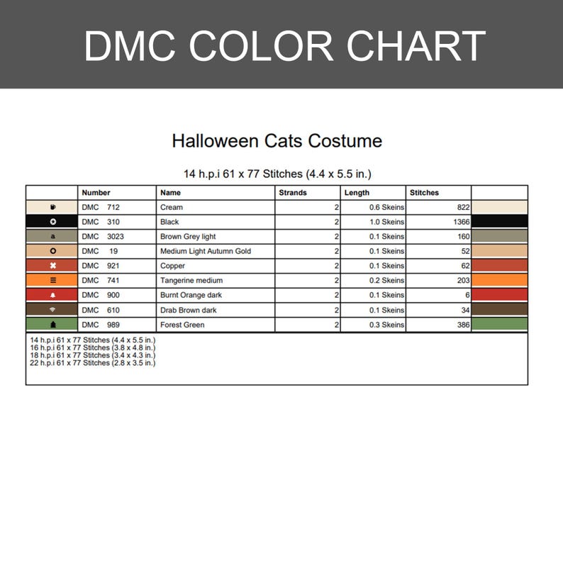 Puede incluir: Una tabla de colores DMC para un patr&oacute;n de punto de cruz Halloween Cats Costume. La tabla enumera n&uacute;meros de hilo, nombres, n&uacute;mero de hebras, longitudes de madeja en pulgadas y recuentos de puntadas para colores como crema, negro, marr&oacute;n, oro, cobre, naranja y verde.