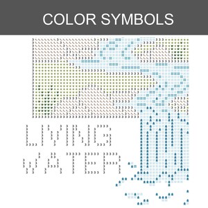 K&ouml;nnte beinhalten: Ein Kreuzstichmuster mit der &Uuml;berschrift COLOR SYMBOLS, das ein Gitter aus Zahlen, Sternen und geometrischen Symbolen in Blau-, Gr&uuml;n- und Schwarzt&ouml;nen zeigt. Der Text LIVING WATER ist aus der Zahl 3 gebildet, mit einem Wasserfall rechts.