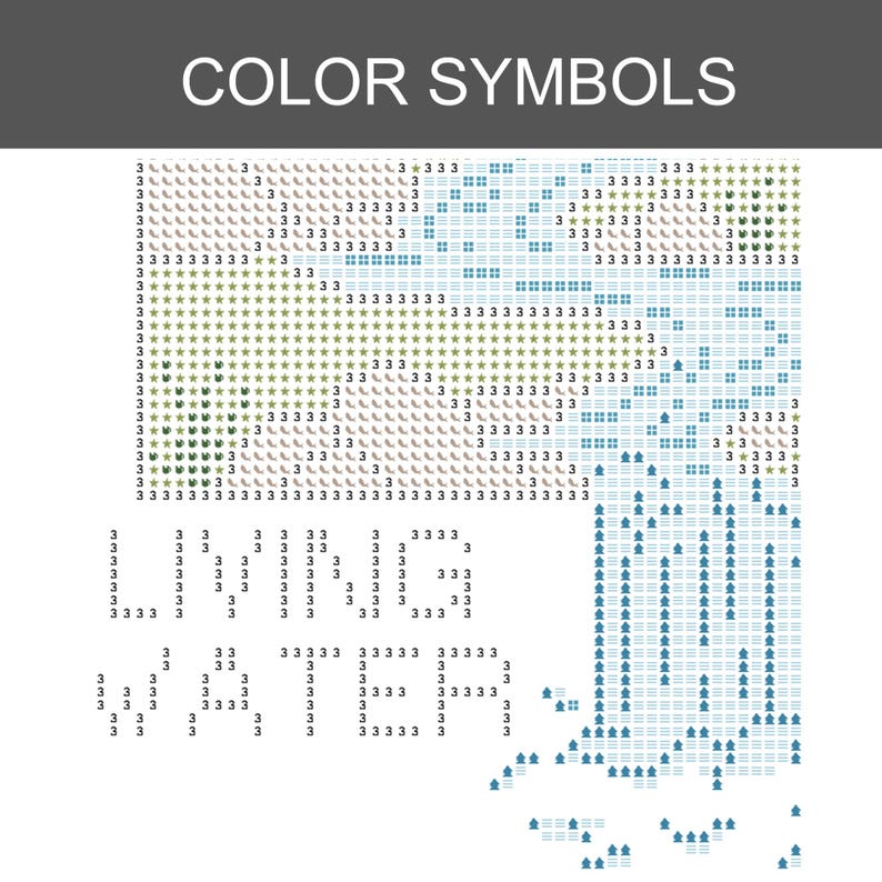 K&ouml;nnte beinhalten: Ein Kreuzstichmuster mit der &Uuml;berschrift COLOR SYMBOLS, das ein Gitter aus Zahlen, Sternen und geometrischen Symbolen in Blau-, Gr&uuml;n- und Schwarzt&ouml;nen zeigt. Der Text LIVING WATER ist aus der Zahl 3 gebildet, mit einem Wasserfall rechts.