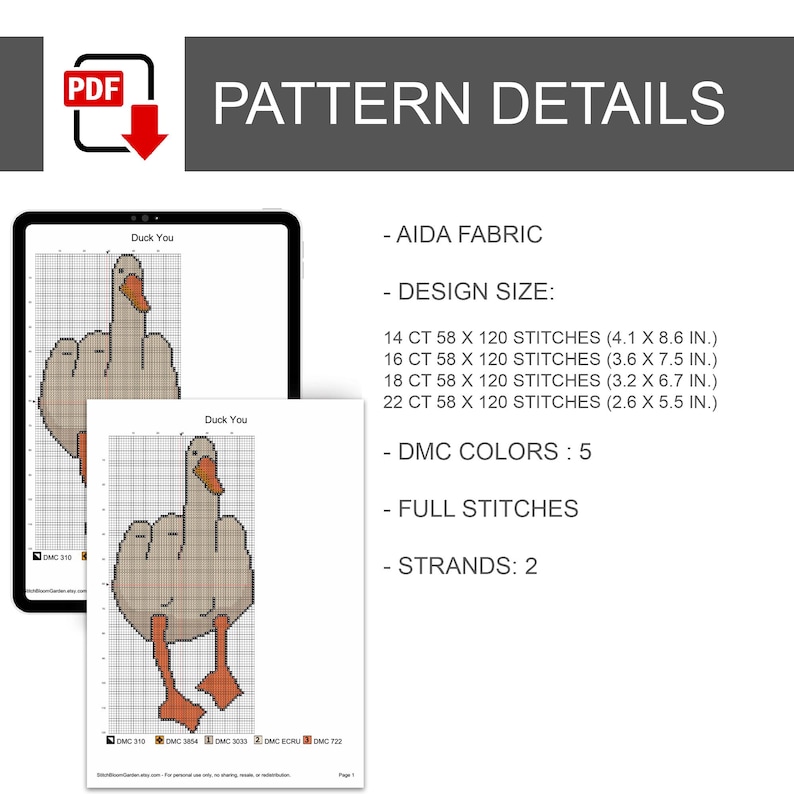 Peut inclure: Un mod&egrave;le de point de croix PDF num&eacute;rique intitul&eacute; Duck You, repr&eacute;sentant un canard pix&eacute;lis&eacute; faisant un geste de la main. Les d&eacute;tails incluent les tissus Aida, les tailles pour 14, 16, 18 et 22 points, 5 couleurs DMC, points pleins et 2 brins.