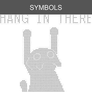 K&ouml;nnte beinhalten: Eine schwarz-wei&szlig;e digitale Grafik mit dem Wort SYMBOLS am oberen Rand, gefolgt von dem Text HANG IN THERE. Unter dem Text befindet sich die stilisierte Silhouette einer Katze, die nach oben greift und aus kleinen schwarzen Symbolen besteht.