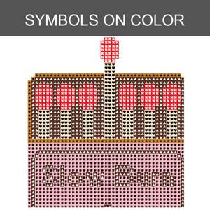 Puede incluir: Un patr&oacute;n de punto de cruz titulado SYMBOLS ON COLOR que muestra una caja de cerillas con cerillas de cabeza roja. El dise&ntilde;o utiliza varios s&iacute;mbolos como corazones, estrellas y tri&aacute;ngulos en marr&oacute;n, rosa y rojo para los colores.