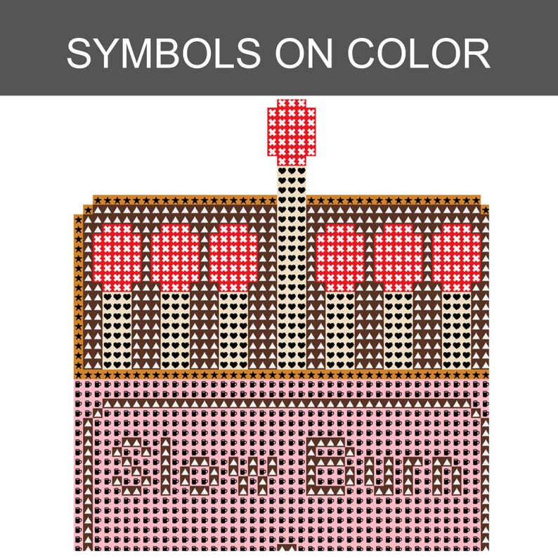 Puede incluir: Un patr&oacute;n de punto de cruz titulado SYMBOLS ON COLOR que muestra una caja de cerillas con cerillas de cabeza roja. El dise&ntilde;o utiliza varios s&iacute;mbolos como corazones, estrellas y tri&aacute;ngulos en marr&oacute;n, rosa y rojo para los colores.