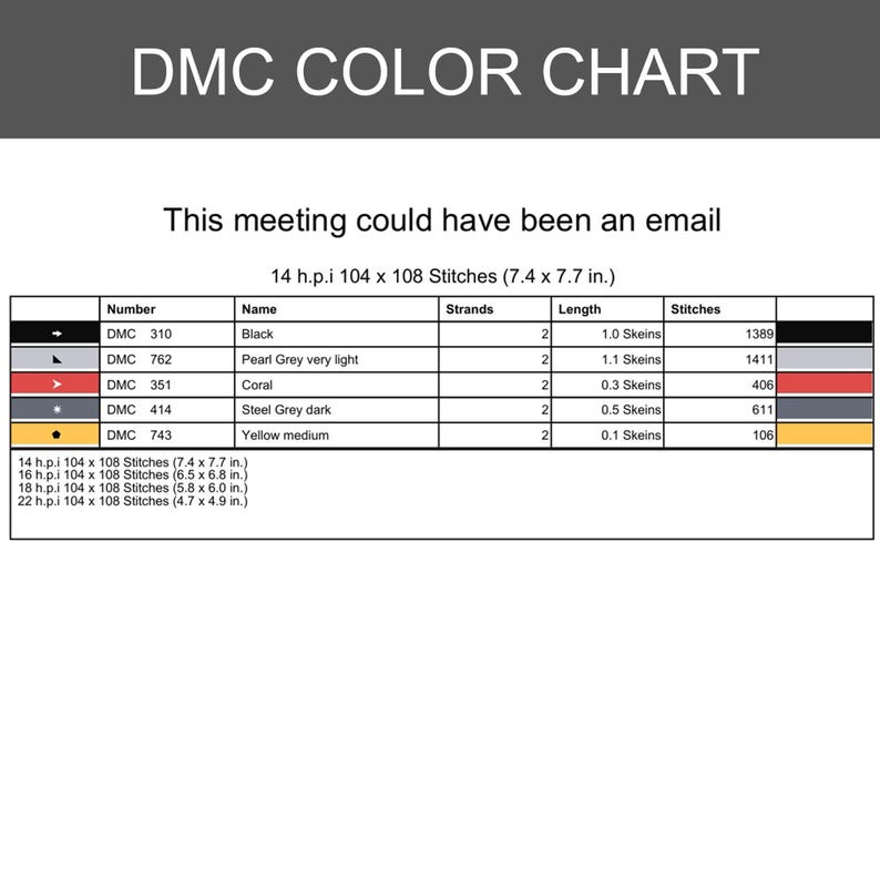 Pode incluir: Uma tabela de cores DMC para um padr&atilde;o de ponto cruz intitulado This meeting could have been an email. A tabela lista n&uacute;meros de linha, nomes, contagem de fios, comprimentos de meadas e contagem de pontos para as cores listadas.