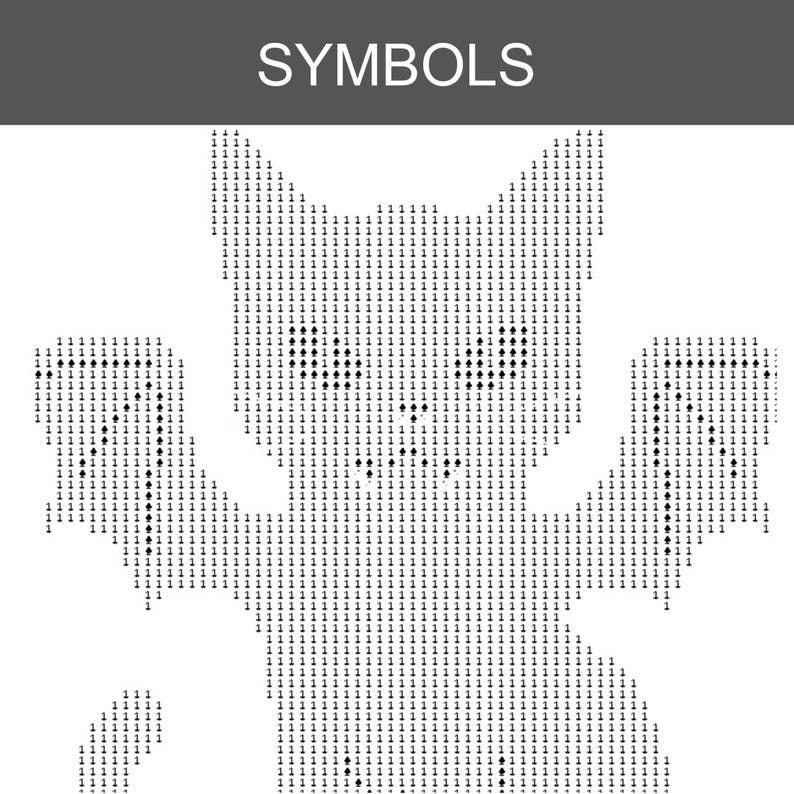 Puede incluir: Un patr&oacute;n de punto de cruz titulado SYMBOLS que muestra la silueta de un gato compuesta por el n&uacute;mero 1 y s&iacute;mbolos de picas. El dise&ntilde;o presenta un gato con orejas puntiagudas, patas levantadas y una cola, usando una cuadr&iacute;cula de bordado.