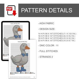 May include: A digital cross-stitch pattern titled "Goose with Blue Bow" displayed on a tablet and printed on paper. The pattern details include design sizes in inches, DMC colour information, and stitch instructions. The image also shows a PDF icon.
