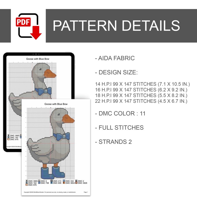 May include: A digital cross-stitch pattern titled "Goose with Blue Bow" displayed on a tablet and printed on paper. The pattern details include design sizes in inches, DMC colour information, and stitch instructions. The image also shows a PDF icon.