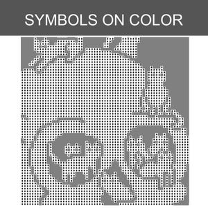 May include: A gray and white cross-stitch pattern chart titled SYMBOLS ON COLOR. The design features a grid of small diamond symbols forming silhouettes of multiple cats in various poses, including sitting and playing, against a solid gray background.