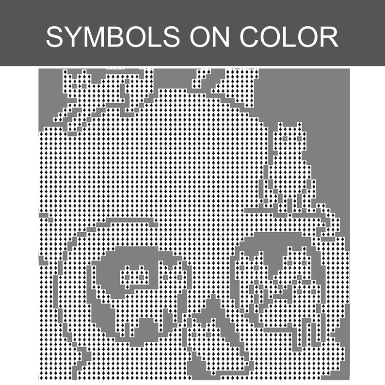 May include: A gray and white cross-stitch pattern chart titled SYMBOLS ON COLOR. The design features a grid of small diamond symbols forming silhouettes of multiple cats in various poses, including sitting and playing, against a solid gray background.