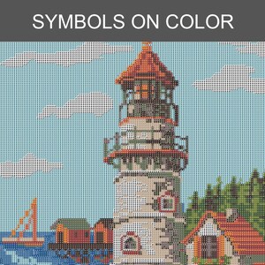 Peut inclure: Un mod&egrave;le de point de croix repr&eacute;sentant un phare au toit rouge, un petit voilier sur une eau bleue et une maison au toit rouge pr&egrave;s d'arbres verts. Le ciel est bleu clair avec des nuages blancs. Le texte SYMBOLS ON COLOR est en haut.