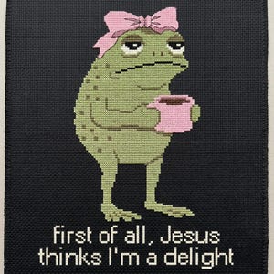 Op de afbeelding: Een kruissteekborduurwerk op zwarte stof met een groene pad die een roze strik draagt en een roze mok vasthoudt. Onder de pad staat de tekst: First of all, Jesus thinks I'm a delight. De pad heeft een neutrale uitdrukking en textuur.