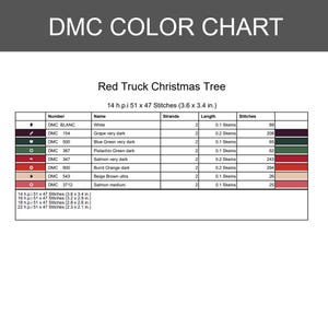 May include: A DMC color chart for a Red Truck Christmas Tree cross-stitch pattern. The table lists thread numbers, names, strand counts, skein lengths, and stitch counts for colors including white, grape, blue green, pistachio, salmon, and beige.