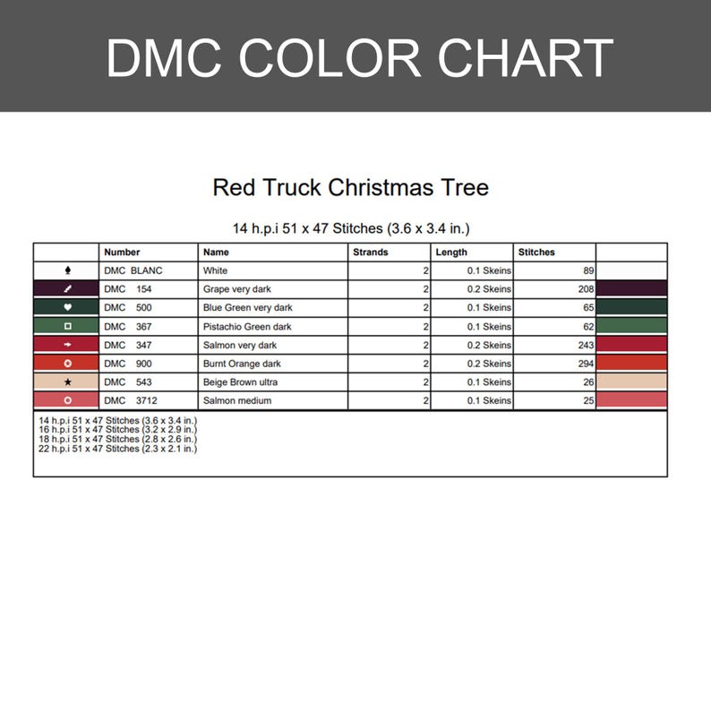 May include: A DMC color chart for a Red Truck Christmas Tree cross-stitch pattern. The table lists thread numbers, names, strand counts, skein lengths, and stitch counts for colors including white, grape, blue green, pistachio, salmon, and beige.