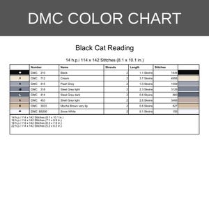 Op de afbeelding: Een DMC-kleurenkaart getiteld Black Cat Reading, met garennummers, namen, aantal strengen, strenglengtes en steekaantallen. Het specificeert 14 h.p.i. voor 114 bij 142 steken, met een afmeting van 20,6 bij 25,7 cm, inclusief extra maten.