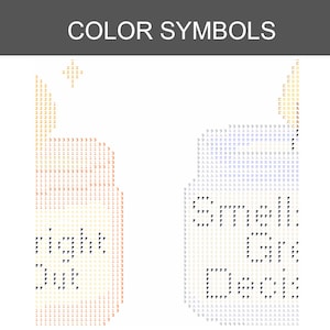 K&ouml;nnte beinhalten: Eine Farblegende f&uuml;r Diamond Painting mit zwei flaschenf&ouml;rmigen Motiven aus alphanumerischen Symbolen. Die linke Flasche verwendet orangefarbene und gelbe Zeichen, die rechte Flasche blaue, graue und schwarze Zeichen mit dem Text Smell Gr Deols.