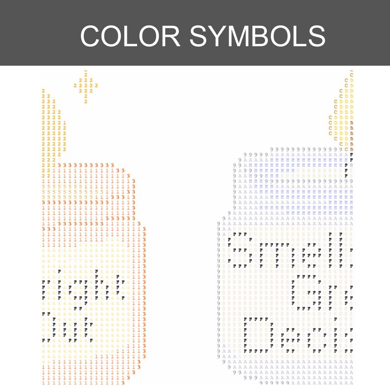 K&ouml;nnte beinhalten: Eine Farblegende f&uuml;r Diamond Painting mit zwei flaschenf&ouml;rmigen Motiven aus alphanumerischen Symbolen. Die linke Flasche verwendet orangefarbene und gelbe Zeichen, die rechte Flasche blaue, graue und schwarze Zeichen mit dem Text Smell Gr Deols.
