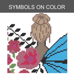 Peut inclure: Un mod&egrave;le de point de croix intitul&eacute; SYMBOLS ON COLOR repr&eacute;sentant une personne avec un chignon brun, des fleurs roses &agrave; tiges vertes et une grande forme d'aile bleue. Le motif utilise des symboles et chiffres noirs sur des carr&eacute;s color&eacute;s.