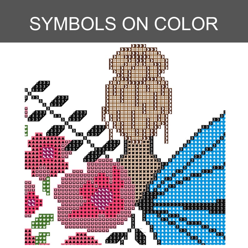 Peut inclure: Un mod&egrave;le de point de croix intitul&eacute; SYMBOLS ON COLOR repr&eacute;sentant une personne avec un chignon brun, des fleurs roses &agrave; tiges vertes et une grande forme d'aile bleue. Le motif utilise des symboles et chiffres noirs sur des carr&eacute;s color&eacute;s.