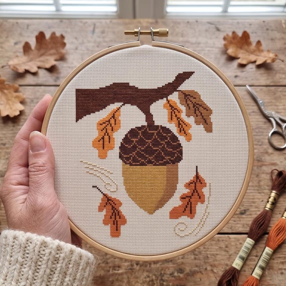 Acorn Cross Stitch Pattern, Autumn Needlepoint, Oak Tree Nut Digital Download PDF