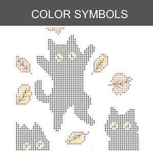 May include: A cross-stitch pattern chart titled COLOR SYMBOLS featuring a central black cat silhouette, a partial cat figure in the bottom right, and several scattered autumn leaves. The design uses alphanumeric symbols to represent colors.