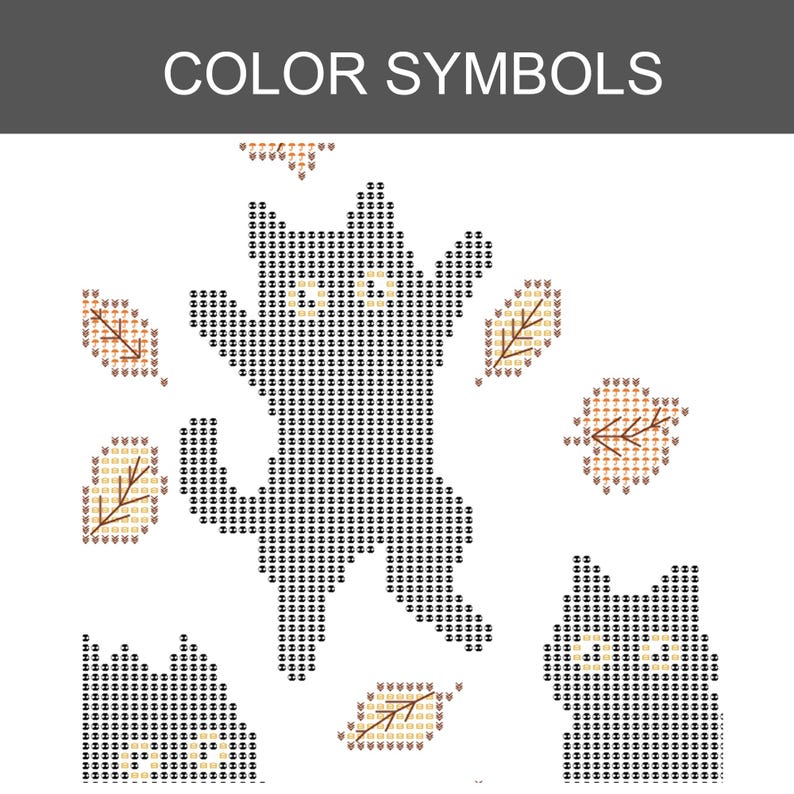 May include: A cross-stitch pattern chart titled COLOR SYMBOLS featuring a central black cat silhouette, a partial cat figure in the bottom right, and several scattered autumn leaves. The design uses alphanumeric symbols to represent colors.