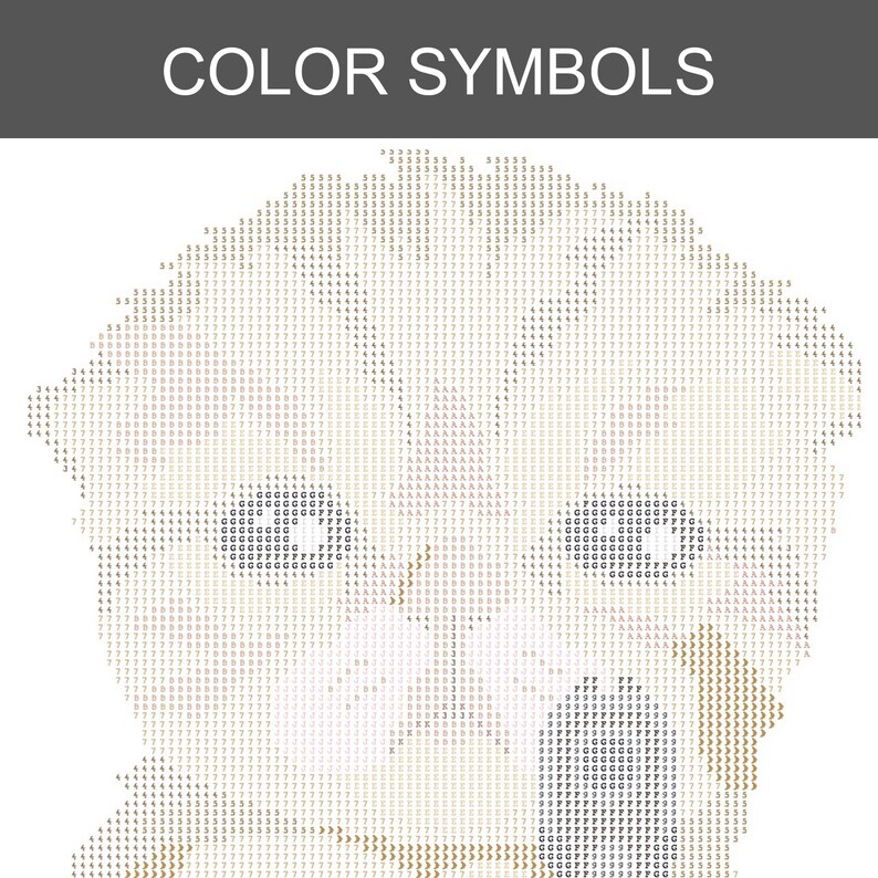 Puede incluir: Un patr&oacute;n de punto de cruz titulado COLOR SYMBOLS, que presenta una cuadr&iacute;cula de caracteres alfanum&eacute;ricos y s&iacute;mbolos dispuestos para formar el contorno de un rostro. El dise&ntilde;o utiliza varias letras y n&uacute;meros para indicar los colores.