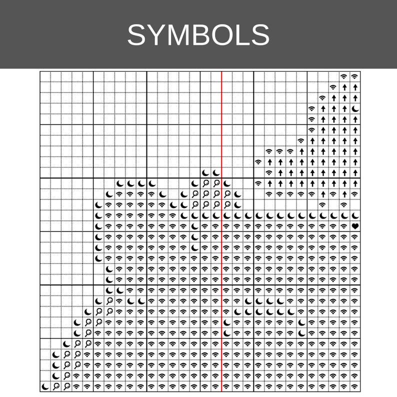 May include: A cross-stitch pattern chart labelled SYMBOLS at the top, featuring a grid layout with black lines. The grid contains repeating icons including Wi-Fi symbols, crescent moons, magnifying glasses, arrows, and a heart, organised in rows.