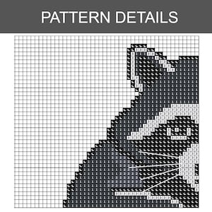 May include: A cross-stitch pattern chart with the text "PATTERN DETAILS" at the top. The chart features a grayscale design of a cat's face, with various symbols indicating different colours for the cross-stitch.