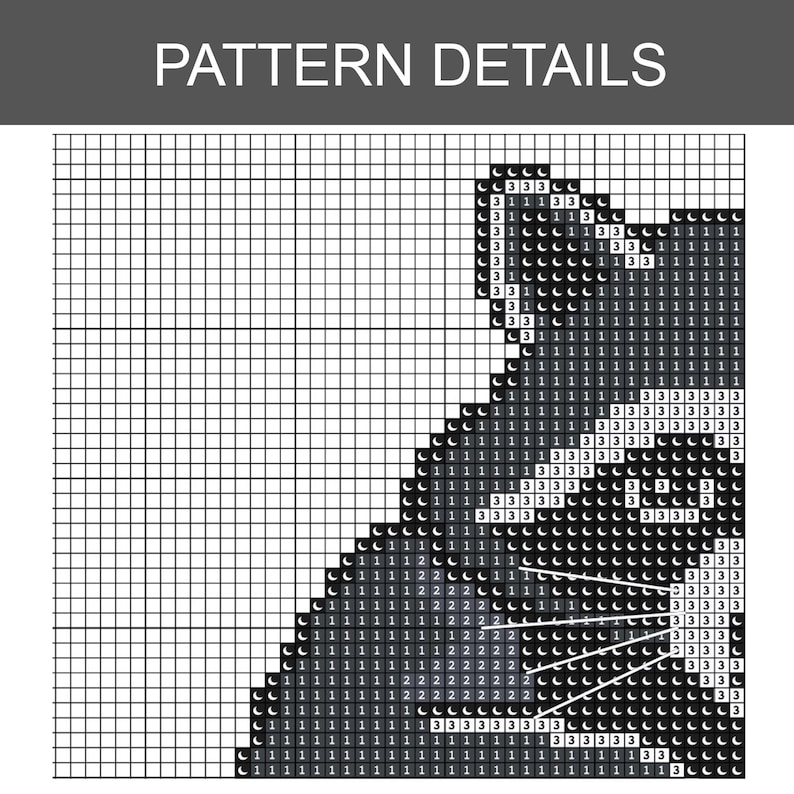 May include: A cross-stitch pattern chart with the text "PATTERN DETAILS" at the top. The chart features a grayscale design of a cat's face, with various symbols indicating different colours for the cross-stitch.
