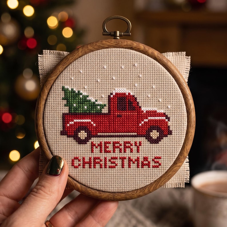 May include: A circular wooden embroidery hoop containing a cross-stitch design on beige fabric. The design features a red pickup truck carrying a green Christmas tree, with white snow dots above and the red text MERRY CHRISTMAS below.