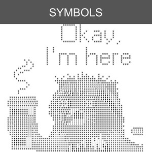 Puede incluir: Gr&aacute;fico en blanco y negro con la palabra "SYMBOLS" en la parte superior. La imagen contiene las palabras "Okay, I'm here" y varios s&iacute;mbolos y n&uacute;meros, incluido el n&uacute;mero 6 y la letra N.