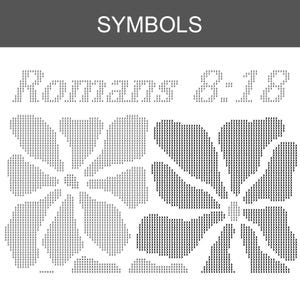 May include: A monochrome graphic featuring the word "SYMBOLS" at the top. Below, the text "Romans 8:18" is displayed above a floral design. The flowers are composed of small, black symbols, creating a textured effect.