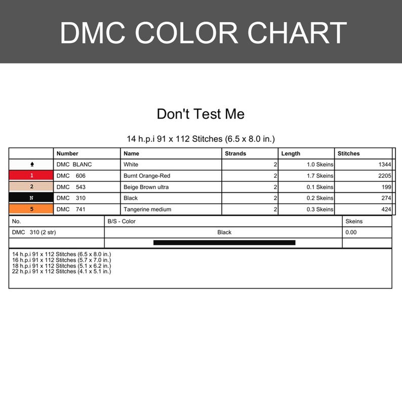 Pu&ograve; includere: Tabella colori DMC con il testo "Don't Test Me". La tabella elenca colori come Burnt Orange-Red, Beige Brown ultra e Tangerine medium. Include conteggi dei punti e misure di 16,5 x 20,3 cm.