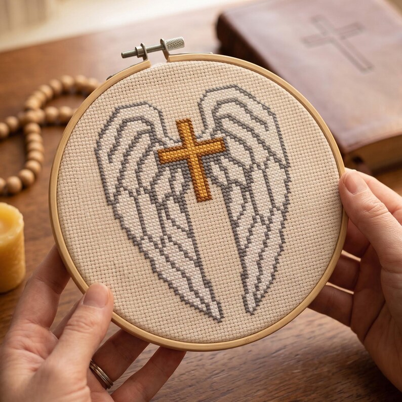 May include: A circular wooden embroidery hoop containing a cross-stitch design on off-white fabric. The design features a pair of large, detailed white and grey wings centered behind a small, solid gold-colored cross with a textured finish.
