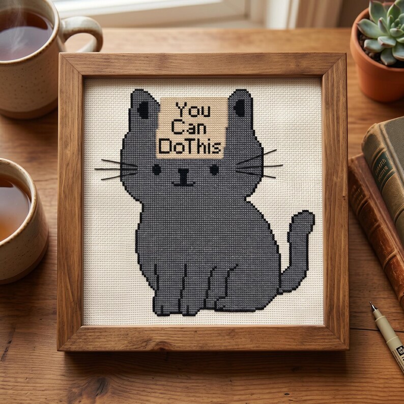 May include: A framed cross-stitch depicting a grey cat with the words "You Can Do This." The cat is in a seated position, with whiskers and a small tail. The frame is wooden, and the background is a neutral colour.