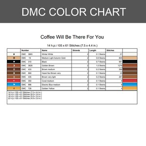 May include: A DMC color chart for a cross-stitch pattern titled Coffee Will Be There For You. The table lists thread numbers, names, strand counts, skein lengths, and stitch counts for colors including white, gold, black, brown, coral, and blue.
