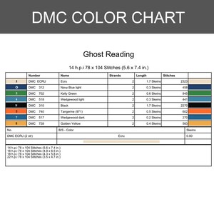 K&ouml;nnte beinhalten: Eine DMC-Farbtabelle mit dem Titel "DMC Color Chart" und dem Text "Ghost Reading". Die Tabelle listet Garnfarben, Nummern und Stichdetails auf. Die Tabelle enth&auml;lt einen Farbschl&uuml;ssel mit verschiedenen Blau-, Gr&uuml;n-, Orange- und Gelbt&ouml;nen.