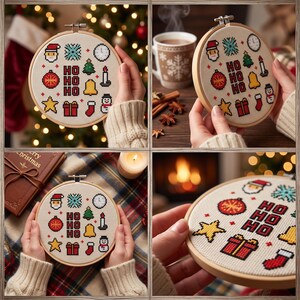 Op de afbeelding: Een ronde houten borduurring met een kruissteekpatroon op witte stof. Het ontwerp bevat gepixelde kersticonen, waaronder een kerstmangezicht, sneeuwvlok, klok, boom, kaars, bel, sneeuwpop, ster, cadeau, kous en de tekst HO HO HO.