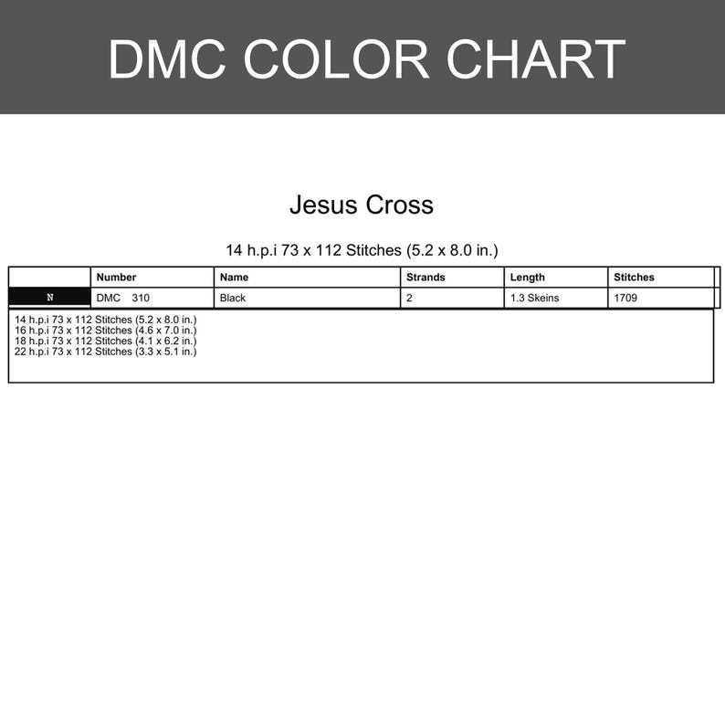 Pu&ograve; includere: Una tabella colori DMC per un motivo a croce di Ges&ugrave;. La tabella elenca il filo nero DMC 310, che richiede 2 fili e 1,3 matassine per 1709 punti. Sono indicate le dimensioni per 14, 16, 18 e 22 h.p.i., da 8,4 x 13,0 a 13,2 x 20,3 cm.
