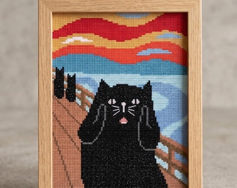 Black Cat The Scream Cross Stitch Pattern, Funny Cat Needlepoint, Instant Download