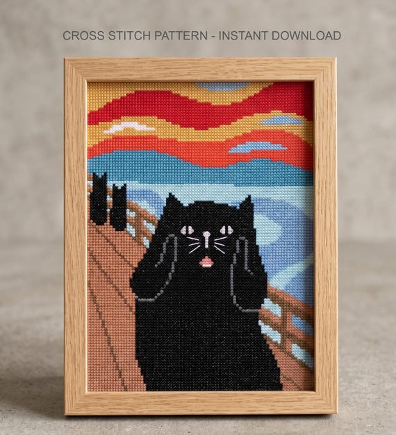 Black Cat The Scream Cross Stitch Pattern, Funny Cat Needlepoint, Instant Download