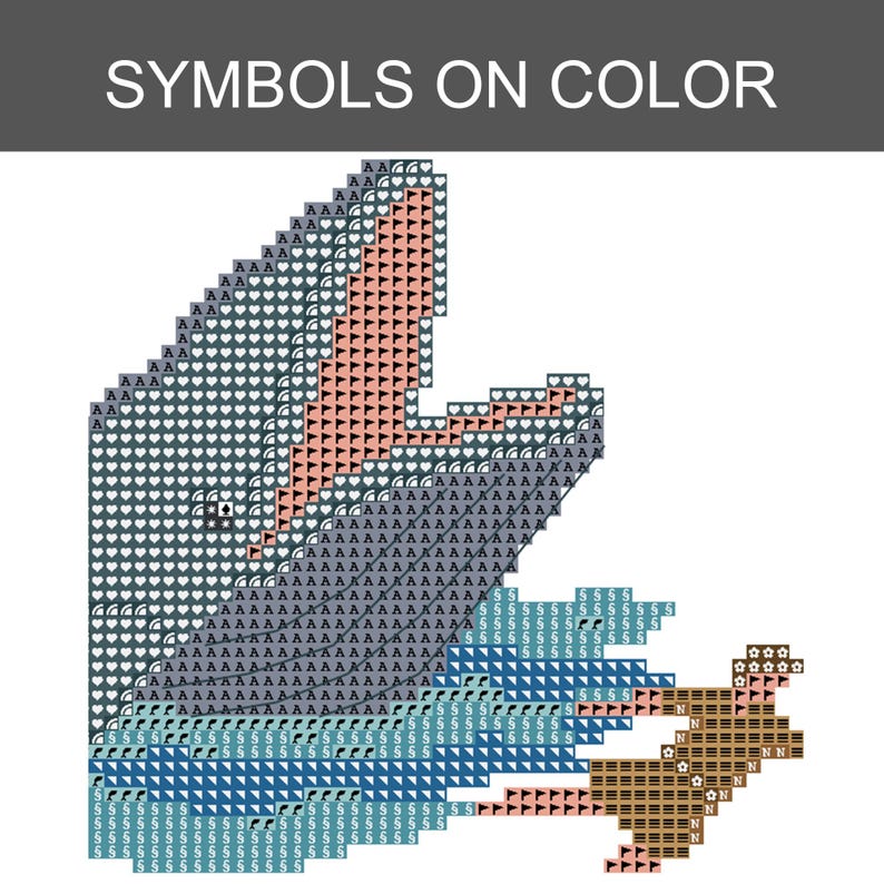 May include: A cross-stitch pattern chart titled SYMBOLS ON COLOR featuring a pixelated design of a whale breaching the water. The pattern uses various symbols like letters, hearts, and flags to represent different colors in shades of blue, gray, and tan.